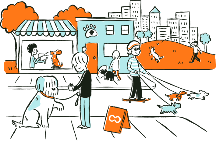Illustration of pets and parents playing in a park in front of a GoodFriend groomer